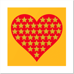 Little gold stars in red heart. Posters and Art